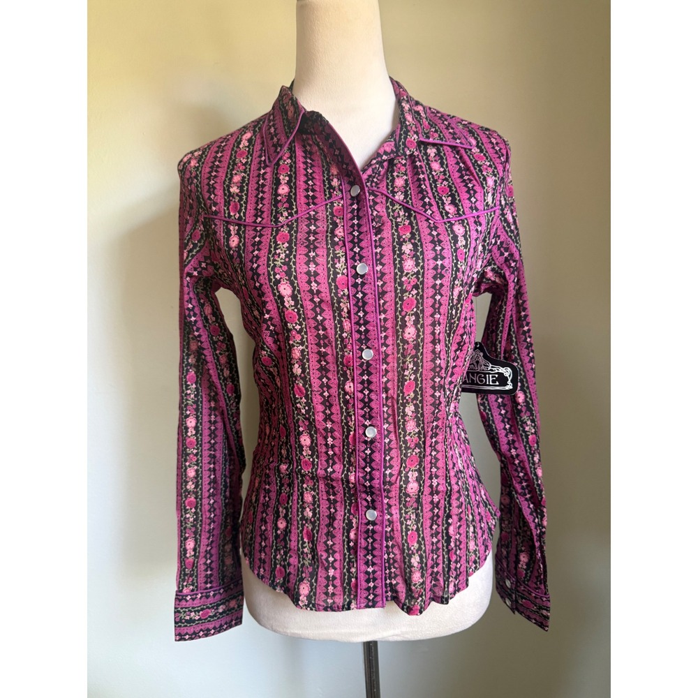 Angie purple Black Floral Stripe Western Snap Button Shirt boho whimsi fairy y2k